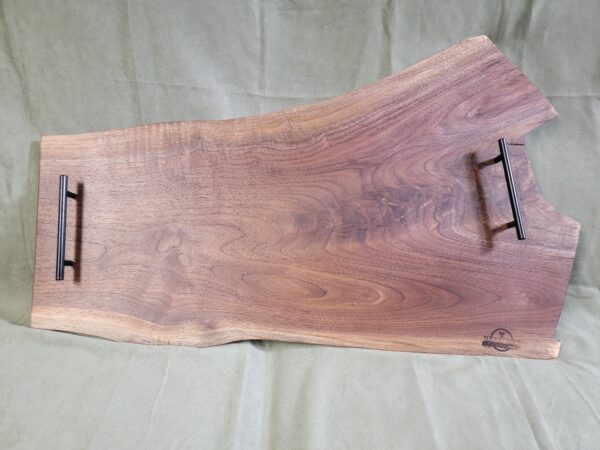 Walnut serving tray with metal handles